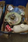 BRASS CANDLESTICKS AND TRAY WITH MISCELLANEOUS CERAMIC ITEMS