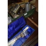 BOX CONTAINING PLATED FISH KNIFE AND SERVER AND A BOX WITH PEWTER TANKARDS AND PLATED EGG CUP ETC