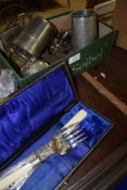 BOX CONTAINING PLATED FISH KNIFE AND SERVER AND A BOX WITH PEWTER TANKARDS AND PLATED EGG CUP ETC