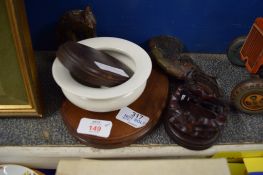 SMALL WOODEN CIRCULAR DISH WITH SMALL POTTERY BOWL AND OTHER ITEMS