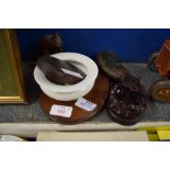 SMALL WOODEN CIRCULAR DISH WITH SMALL POTTERY BOWL AND OTHER ITEMS