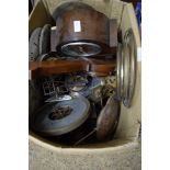 BOX CONTAINING VARIOUS MANTEL CLOCKS AND BAROMETERS AND OTHER CLOCK SPARES