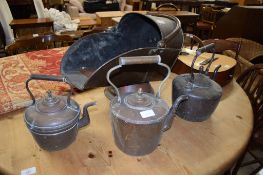 THREE VINTAGE COPPER KETTLES AND A COAL CHUTE