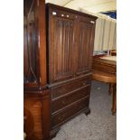 OAK SIDE CABINET WITH LINEN-FOLD MOULDED CUPBOARD OVER THREE DRAWERS, 165CM HIGH