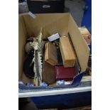 BOX CONTAINING VARIOUS METAL WARES AND OTHER ITEMS INCLUDING TWO BRASS PHEASANTS AND FOUR KNIVES