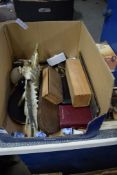 BOX CONTAINING VARIOUS METAL WARES AND OTHER ITEMS INCLUDING TWO BRASS PHEASANTS AND FOUR KNIVES