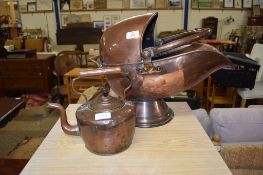 LATE 19TH CENTURY COPPER COAL HELMET AND KETTLE