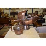 LATE 19TH CENTURY COPPER COAL HELMET AND KETTLE