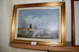 MODERN OIL ON CANVAS OF A BROADS SCENE WITH WINDMILL