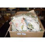 BOX OF CUSHIONS AND LINEN
