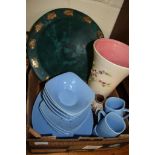 BOX OF VARIOUS DINNER WARES, VASE AND MANTEL CLOCK