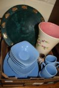 BOX OF VARIOUS DINNER WARES, VASE AND MANTEL CLOCK