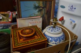 BOX CONTAINING LARGE WOODEN SQUARE BISCUIT BARREL, CERAMIC LAMP, HISTORY OF NORWICH ETC