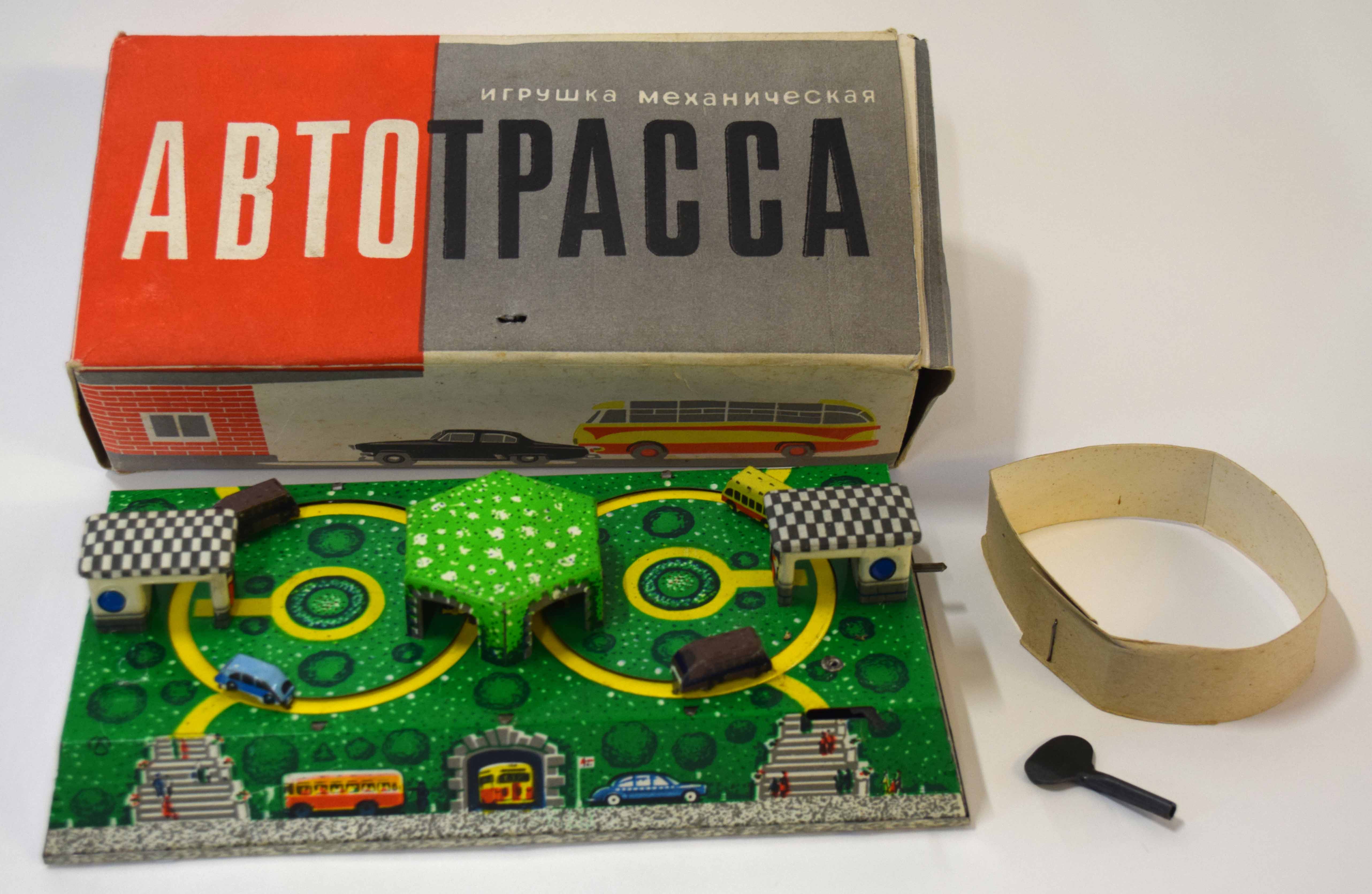 1950s/1960s Russian tin plate clockwork bus station in original box and protective packaging