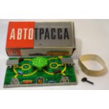 1950s/1960s Russian tin plate clockwork bus station in original box and protective packaging