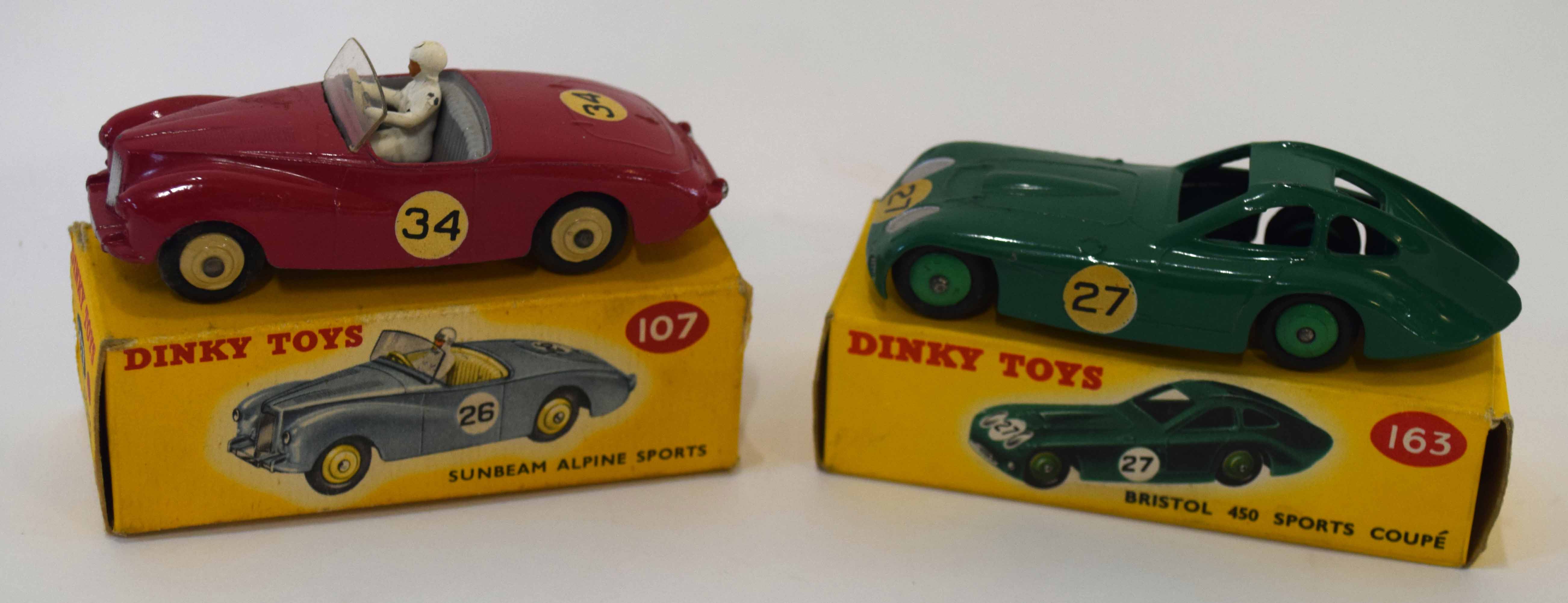 Dinky Bristol 450 sports coupe model no 163, together with a Sunbeam Alpine sports car, model no