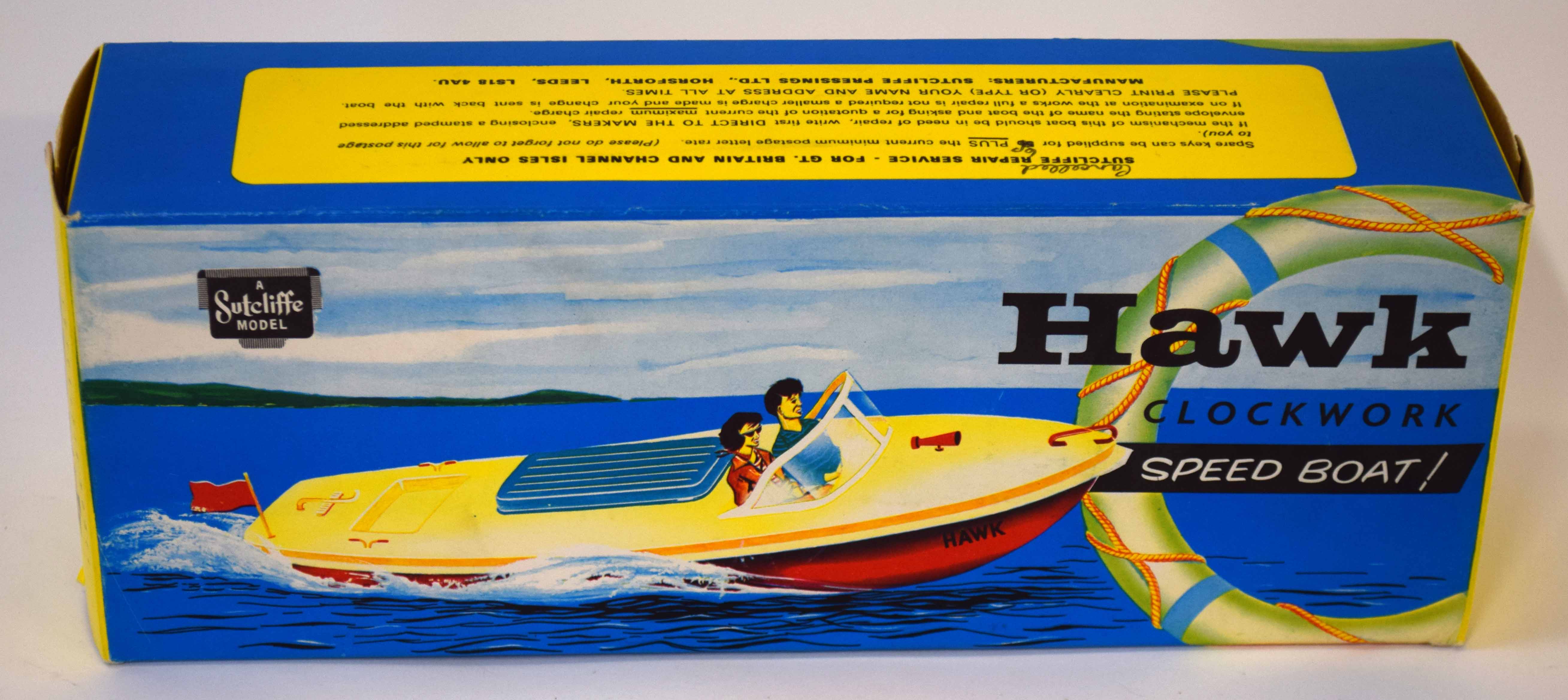 Vintage circa 1960s Hawk clockwork speedboat model by Sutcliffe, sealed in original box