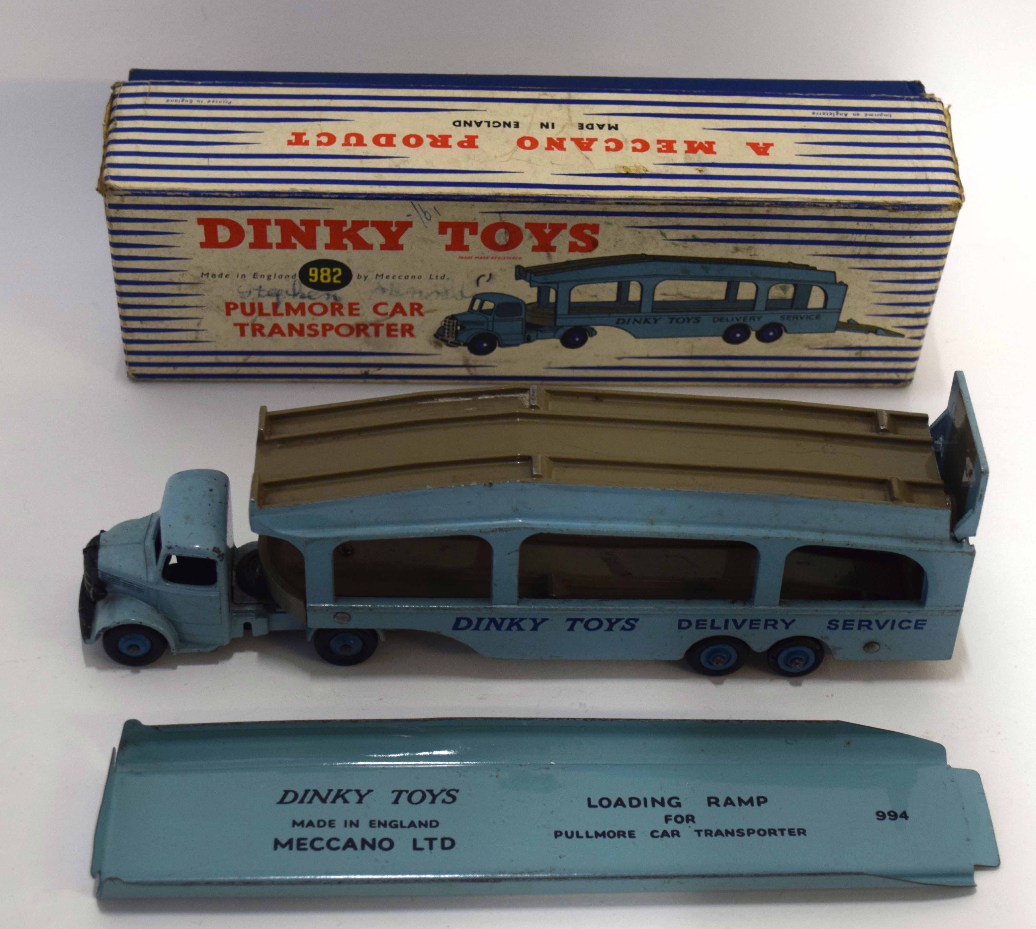 1950s Dinky Toys Pullmore car transport model no 982, in original blue and white striped box