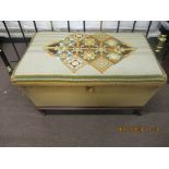 Victorian mahogany based and upholstered ottoman (pine lined), the wool work top featuring geometric