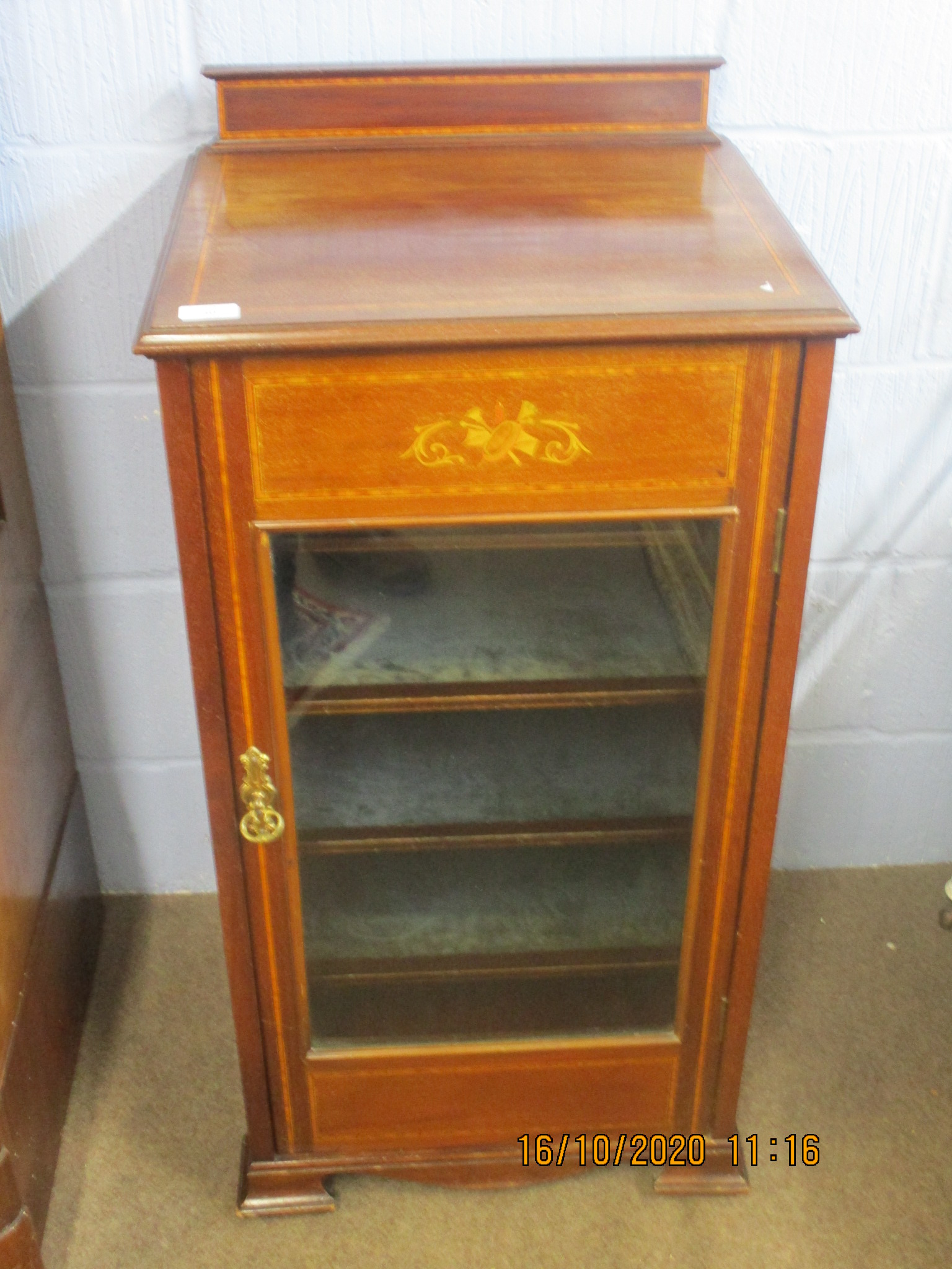 Edwardian mahogany glazed front music cabinet with plush lined shelved interior, 48cm wide