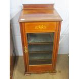 Edwardian mahogany glazed front music cabinet with plush lined shelved interior, 48cm wide