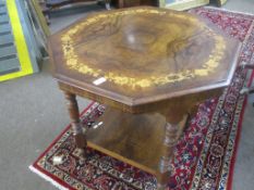 Victorian walnut inlaid octagonal occasional table with ring turned supports, 75cm wide