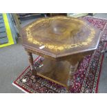 Victorian walnut inlaid octagonal occasional table with ring turned supports, 75cm wide