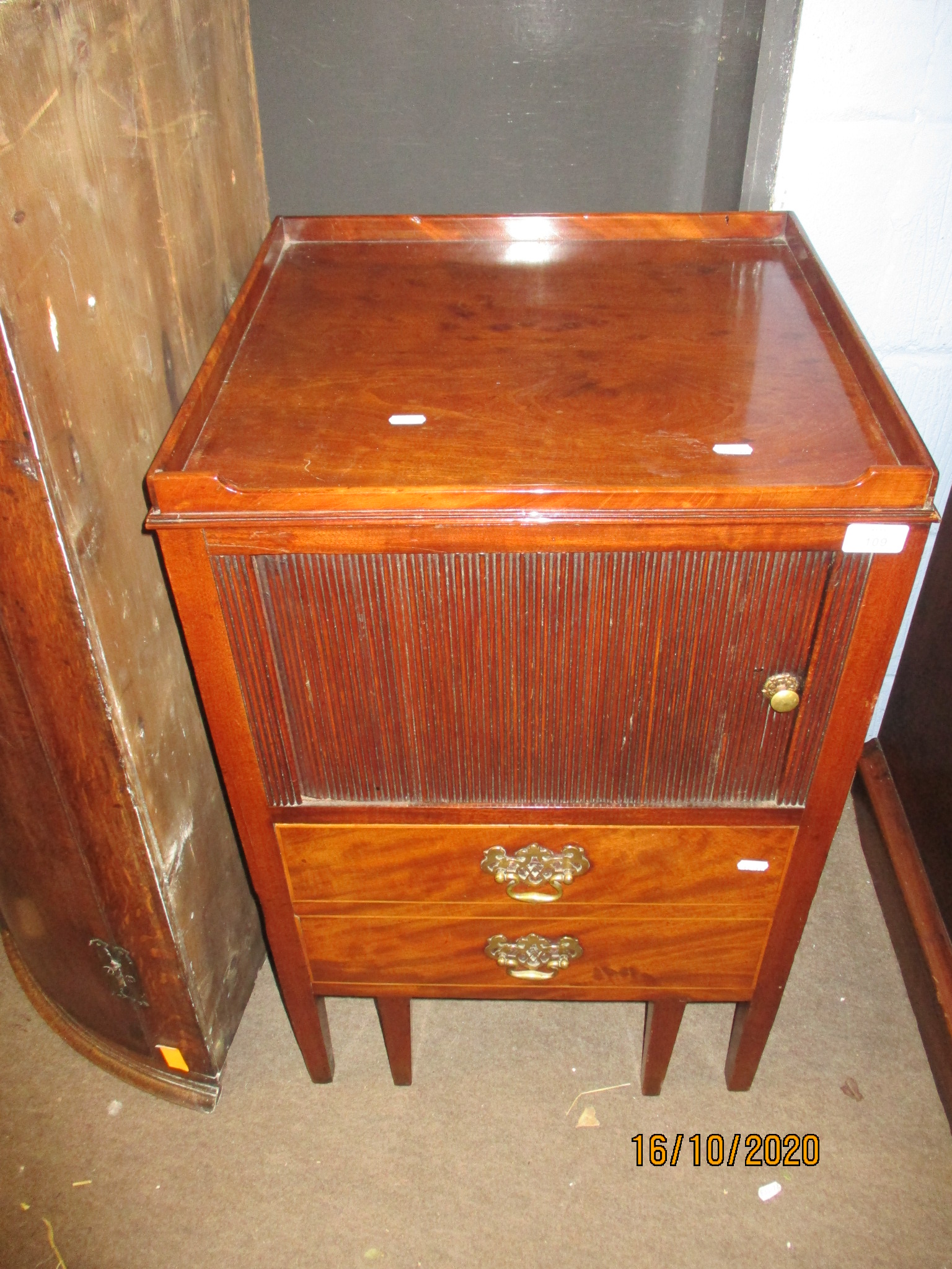 18th century mahogany night cupboard with tambour front over dummy drawer pot stand, 49cm wide