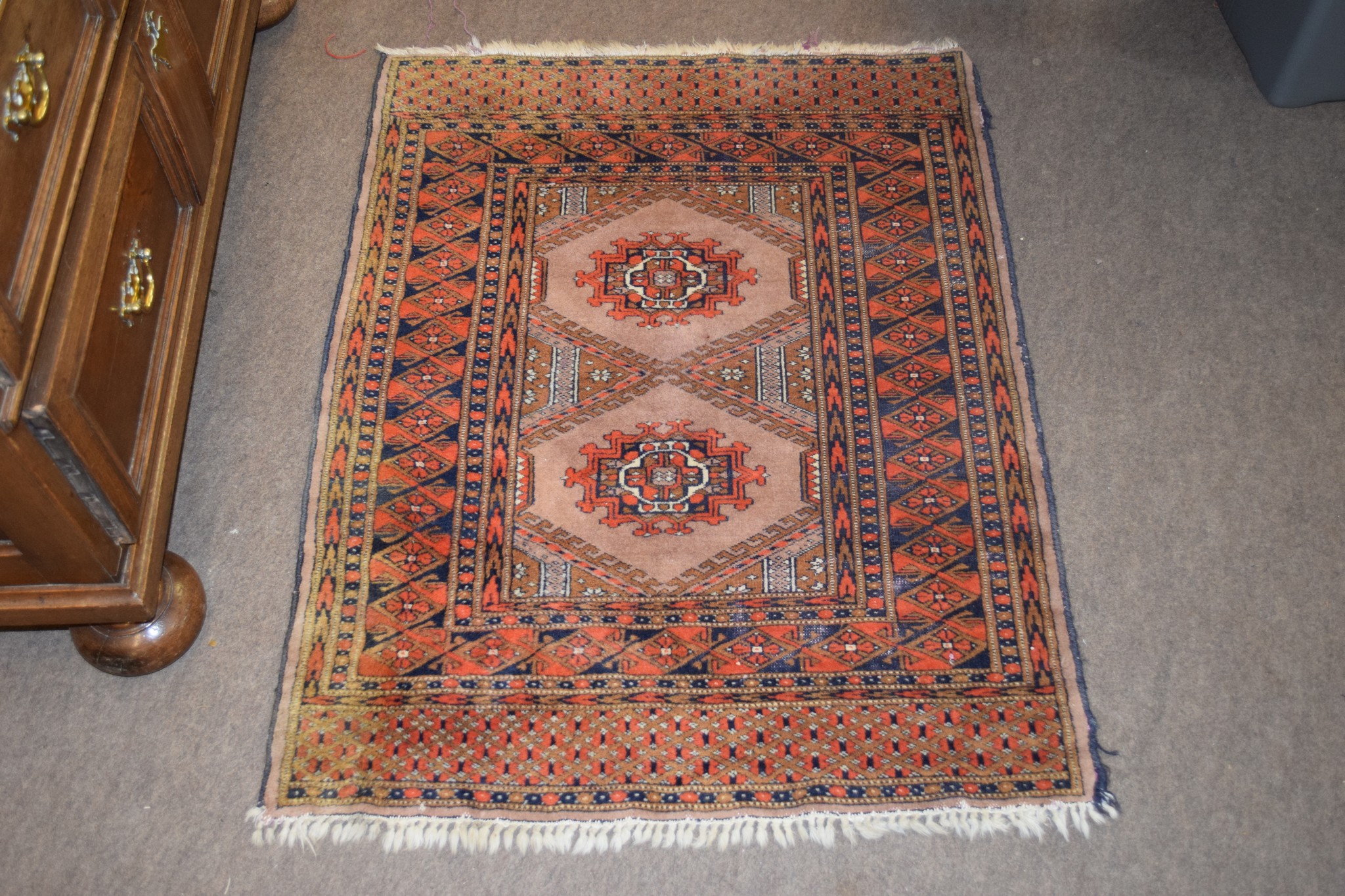 Caucasian style modern prayer rug with central panel of two lozenges within a multi-gull border