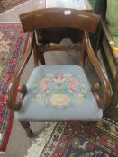 Regency period mahogany carver chair with bar back and ring turned front supports