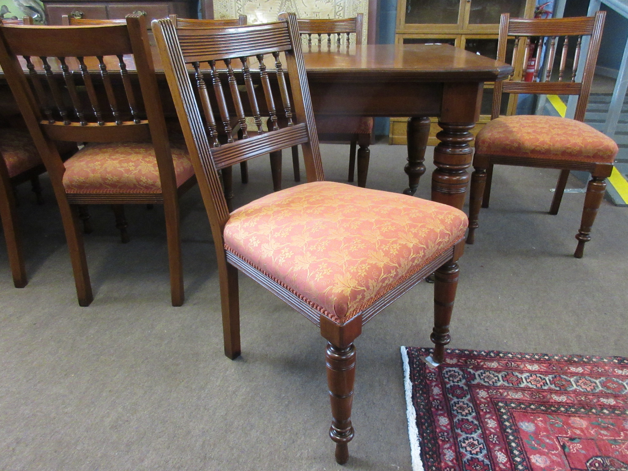 Late 19th century mahogany dining chairs all with spindle backs and rust floral upholstered seats ( - Image 2 of 3