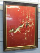 Oriental silk work embroidered panel depicting exotic birds and foliage, 76 x 51cm