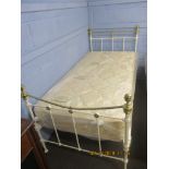 Refurbished WWI white painted single bedstead with brass top rail, 91cm wide