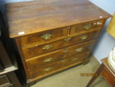 18th century oak and walnut chest of two short and three full width drawers on bracket feet, 98cm