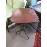 Rosewood simulated octagonal pedestal table with ring turned support and tripod base, circa early