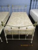 Refurbished WWI white painted single bedstead with brass top rail, 91cm wide