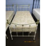 Refurbished WWI white painted single bedstead with brass top rail, 91cm wide