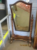 Victorian mahogany cheval mirror raised on heavy twisted supports, 87cm wide