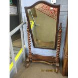 Victorian mahogany cheval mirror raised on heavy twisted supports, 87cm wide
