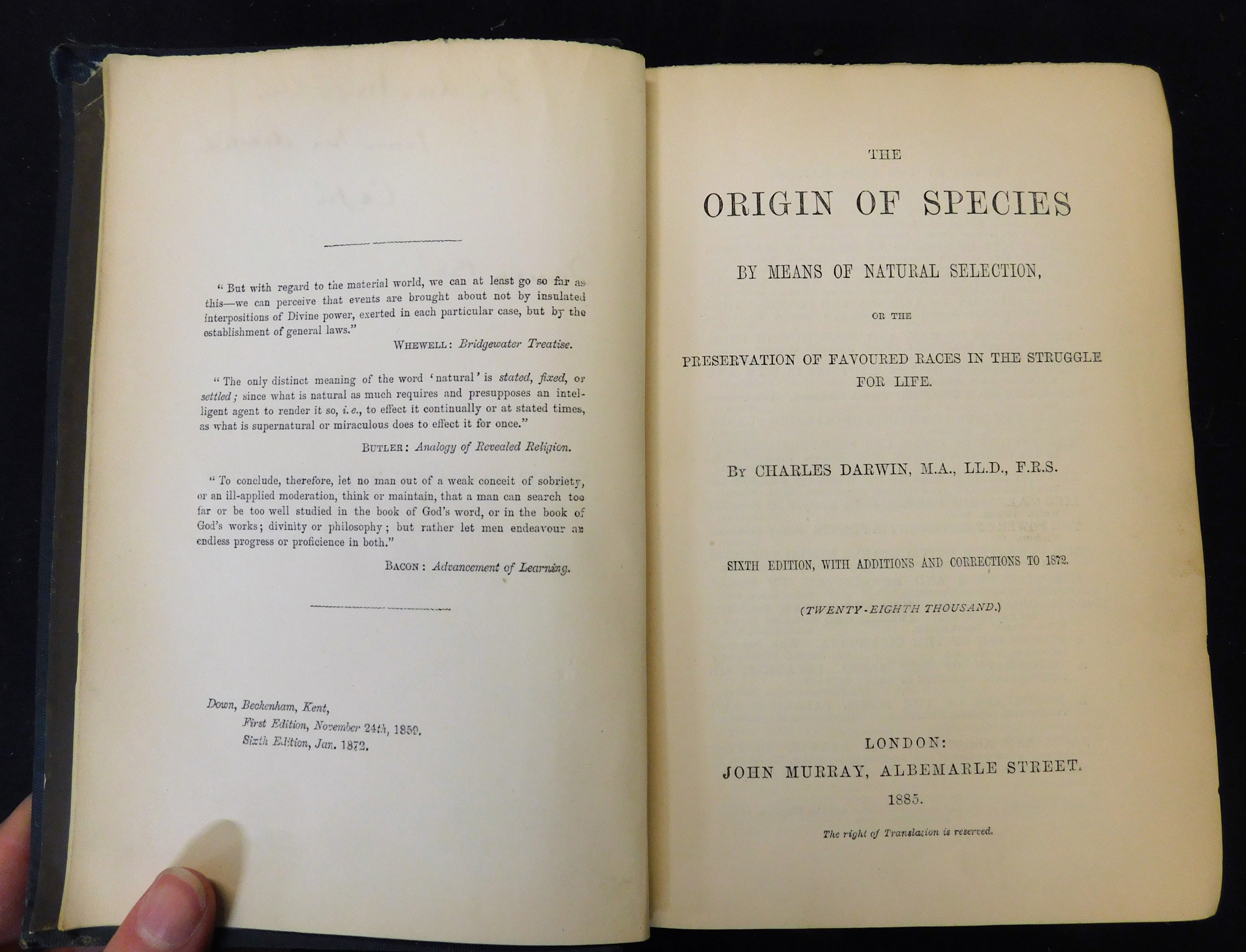 CHARLES DARWIN: THE ORIGIN OF SPECIES BY MEANS OF NATURAL SELECTION..., London, John Murray, 1885,