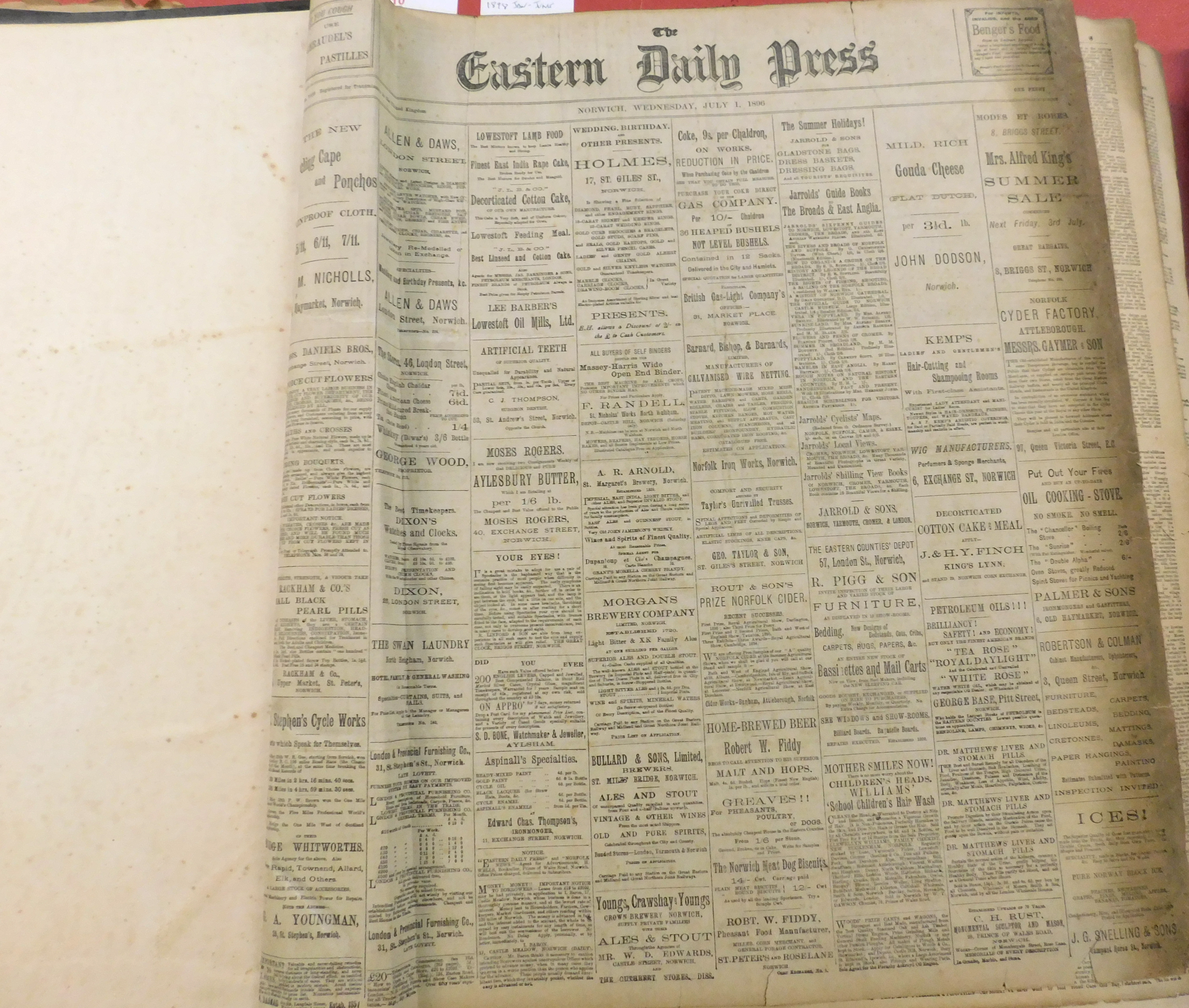 EASTERN DAILY PRESS: 1896, July to December and 1898 January to June 2 vols, mixed condition,