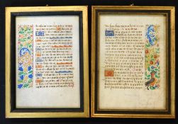 Two leaves from a medieval illuminated manuscript in Latin, several initials in brushed gold on