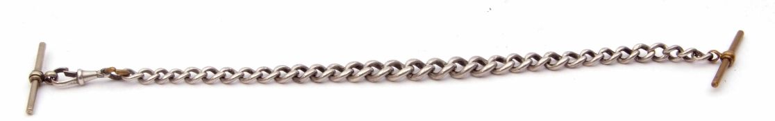 Vintage silver curb link watch chain suspending two metal T-bars, g/w 35.6gms