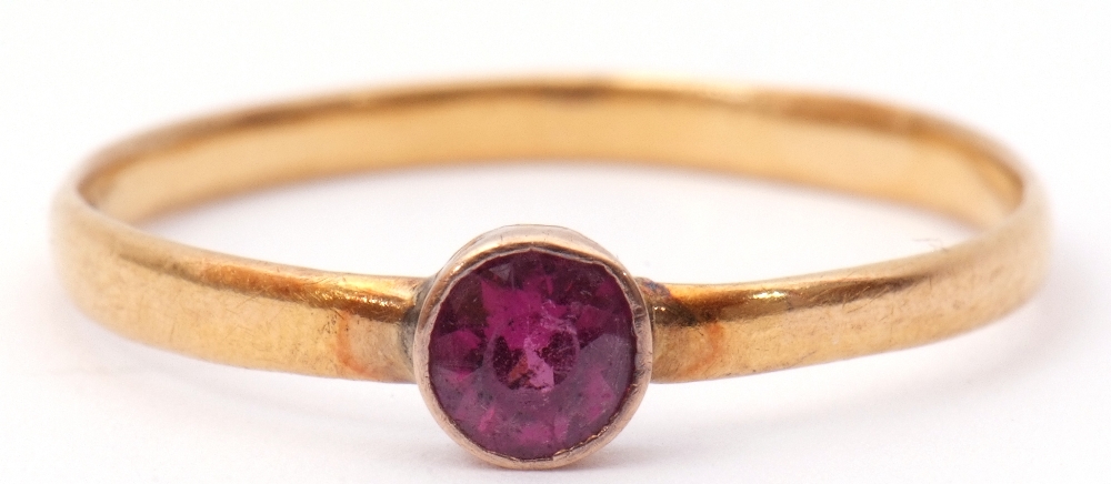 Antique 22ct gold ring with a small circular pink ruby in a collet setting, to a plain polished - Image 6 of 7