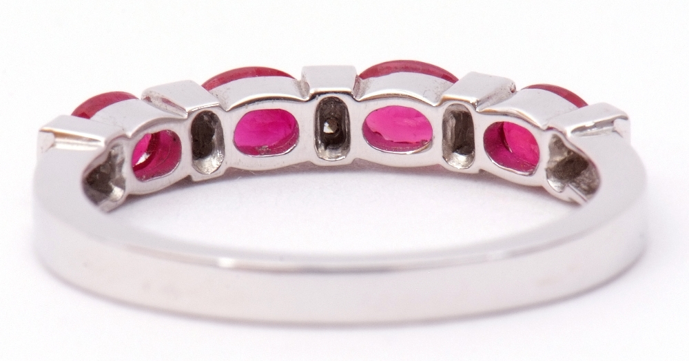 Modern ruby and diamond half-hoop ring, a design featuring 4 oval faceted rubies between 5 pairs - Image 3 of 8