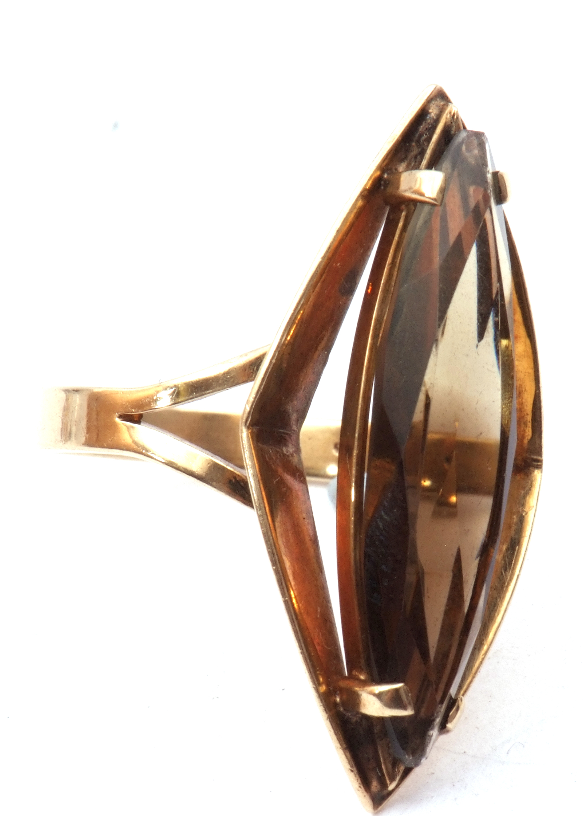 1970s 9ct gold modernist smokey quartz ring, an elongated lozenge design raised in an angular basket - Image 5 of 5