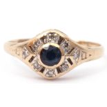 9ct gold, sapphire and diamond ring centring a bezel set round faceted sapphire surrounded by