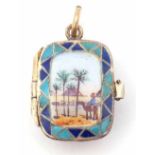 Antique enamel Moses in a basket charm, circa 1920s, the lid stamped 800, design features a camel,