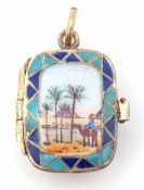 Antique enamel Moses in a basket charm, circa 1920s, the lid stamped 800, design features a camel,