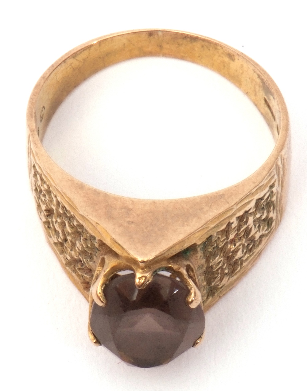 9ct gold and smoky quartz ring, the oval faceted smoky quartz in a coronet setting raised between - Image 9 of 9